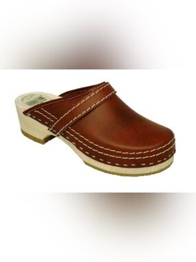Authentic Simpson Brown Leather Dutch Clog with Contrast Stitching Size 8
